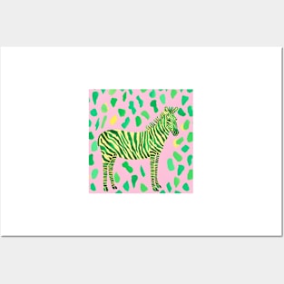 Green and yellow zebra on pink with green spots Posters and Art